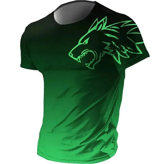 Fitness-Sport-T-Shirts für Herren, Sommer 2024, Vintage-3D-Print, schnelltrocknendes Herren-T-Shirt mit Farbverlauf und Wolf-Motiv, kurzärmelig