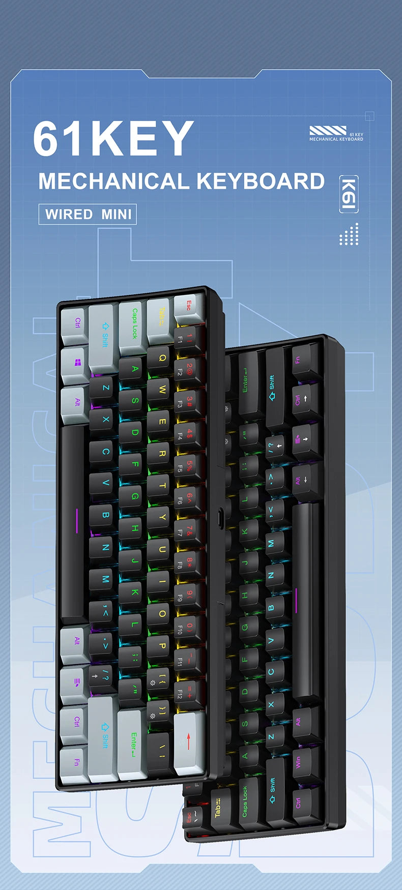 61 Keys Mechanical Keyboard Wired,APAYADO K61 RGB 60% Portable Mini Keyboard Black,White, Red/Blue Switch for Gaming