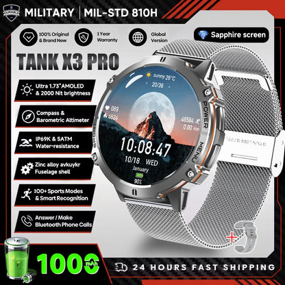 2026 Novo Smartwatch Militar TANK X3 para Homem, Bateria 1000mAh, 10ATM À Prova de Água para Natação, Percurso GPS, Ecrã AMOLED HD de 1.75", Chamadas e Desporto