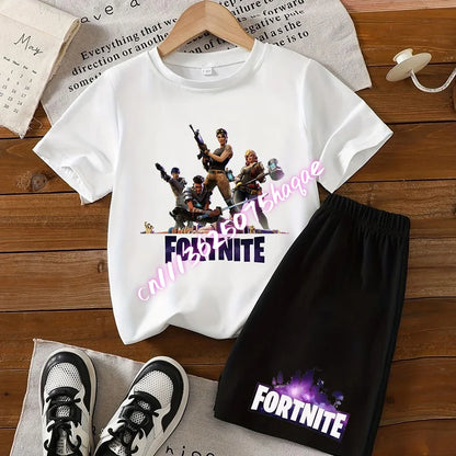 Summer T-shirts 2 pieces Fortnite children's cotton short-sleeved set with cartoon prints, boys' sports shirt, casual top, gift