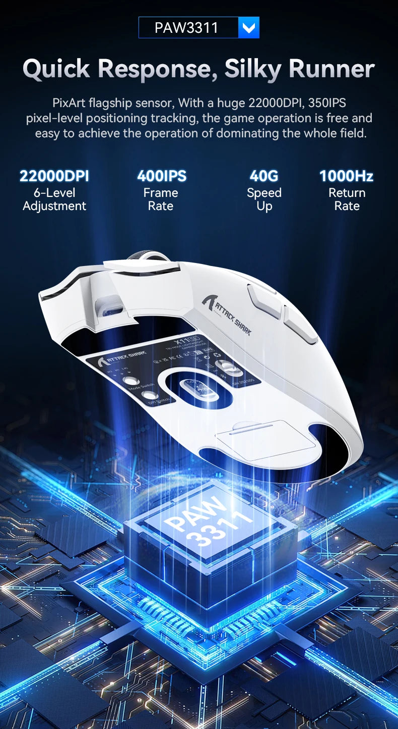 ATTACK SHARK X11 žaidimų pelė ir X11 SE belaidė pelė, 22000 DPI, PAW3311 jutiklis, BT/2.4G/laidinė, lengva 59g, 2000W paspaudimų
