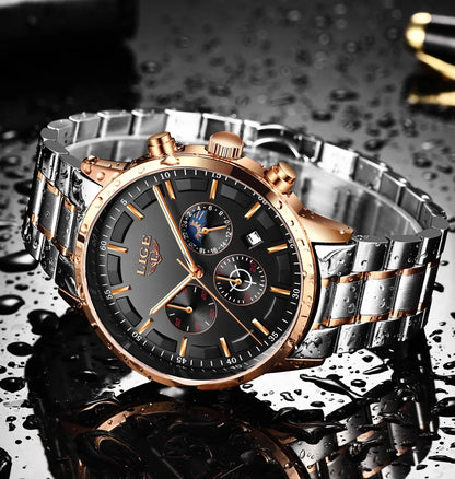 Montre pour homme LIGE – Chronographe à quartz de luxe, étanche (3 bars), avec aiguilles luminescentes – Idée cadeau (boîte incluse)