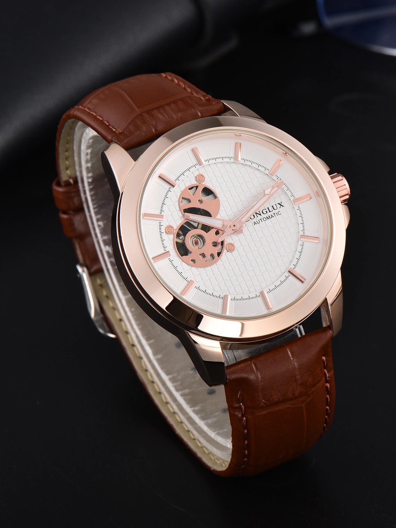 Automatic Watch Minimalist Elegant Everyday Skeleton Waterproof Mechanical Watches Rose Gold Leather Mens Watch Men Gift for Him