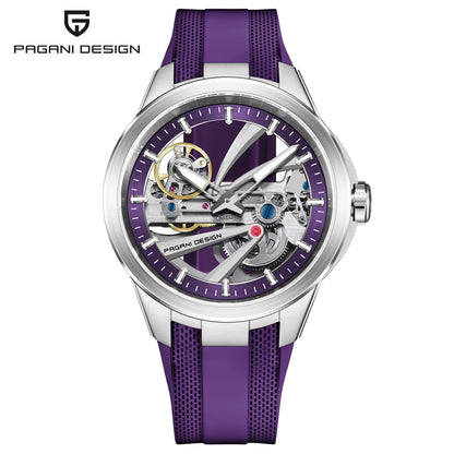 Herrenuhr von PAGANI DESIGN – Mechanisches Luxusuhrwerk mit Automatikaufzug, „Skelett“-Ausführung (mit offenem Herz), ausgestattet mit einem Tourbillon, Saphirglas mit Antireflexbeschichtung, wasserdicht und leuchtend.
