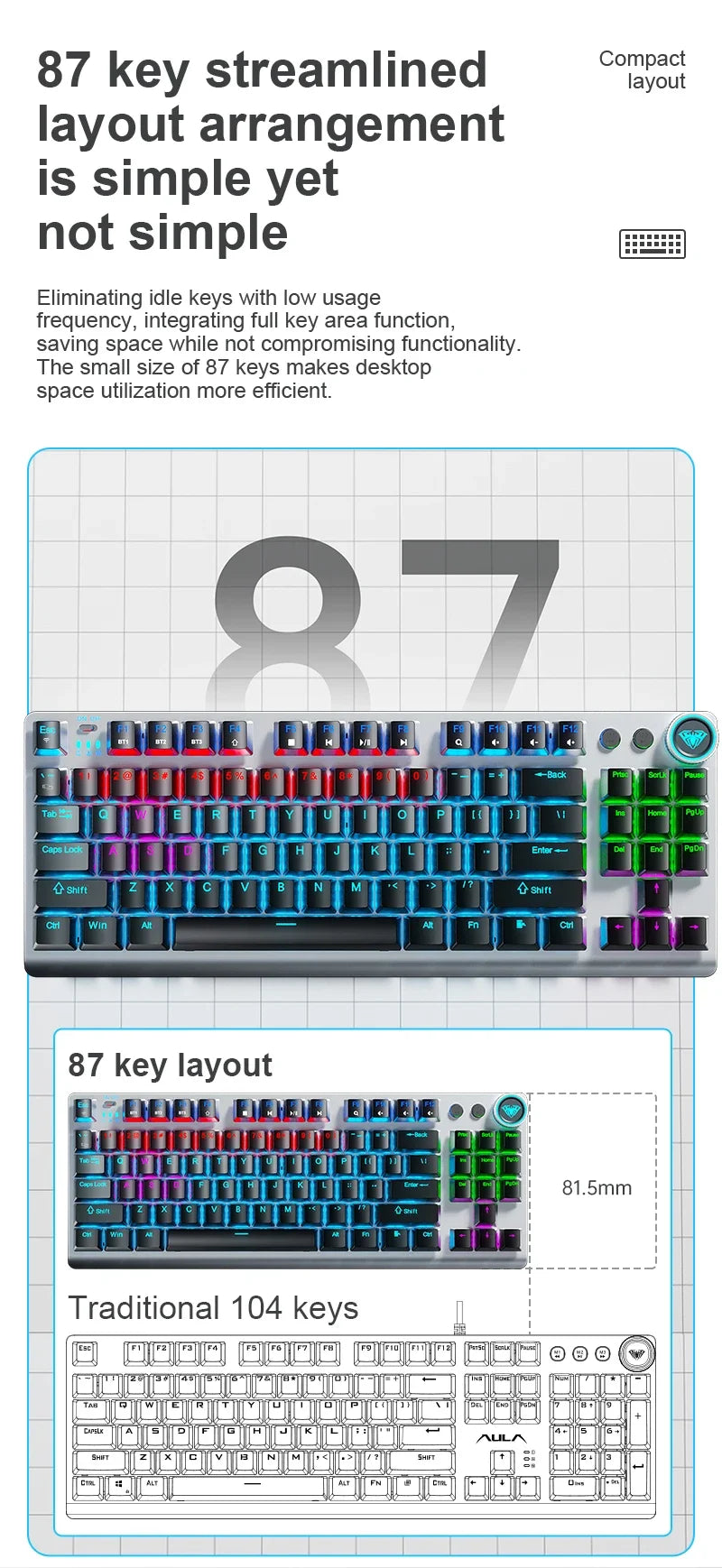 AULA F3001 Mechanical Keyboard Bluetooth Wireless Three Mode Metal Panel Two-color Injection Molding Cool Backlight Effect 87 Key
