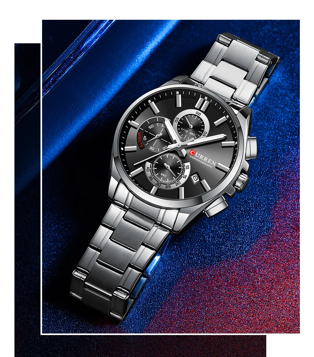 CURREN Men's Stainless Steel Chronograph Watches with Luminous Hands,Triple Sub-Dials Auto Date Fashion Design Quartz Wristwatch