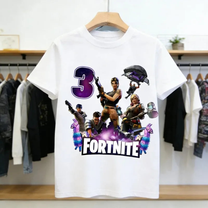 Dziecięca koszulka urodzinowa Fortnites z numerem dla dziewczynek i chłopców, letnia bawełniana koszulka dla niemowląt, imprezowy top z krótkim rękawem, prezent dla malucha