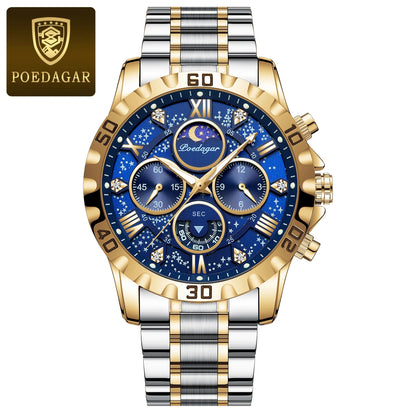 Vyriškas laikrodis „POEDAGAR“ – prabangus, atsparus vandeniui ir švytintis chronografas, pagamintas iš nerūdijančio plieno, sportinio ir karinio stiliaus, su kvarciniu mechanizmu