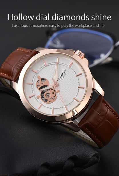 Automatic Watch Minimalist Elegant Everyday Skeleton Waterproof Mechanical Watches Rose Gold Leather Mens Watch Men Gift for Him