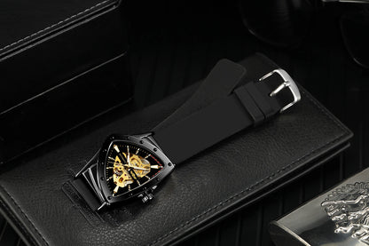 WINNER High Quality Watch for Men Triangle Steel Skeleton Mechanical Automatic Movement Clockwork Waterproof Rubber strap Wrist