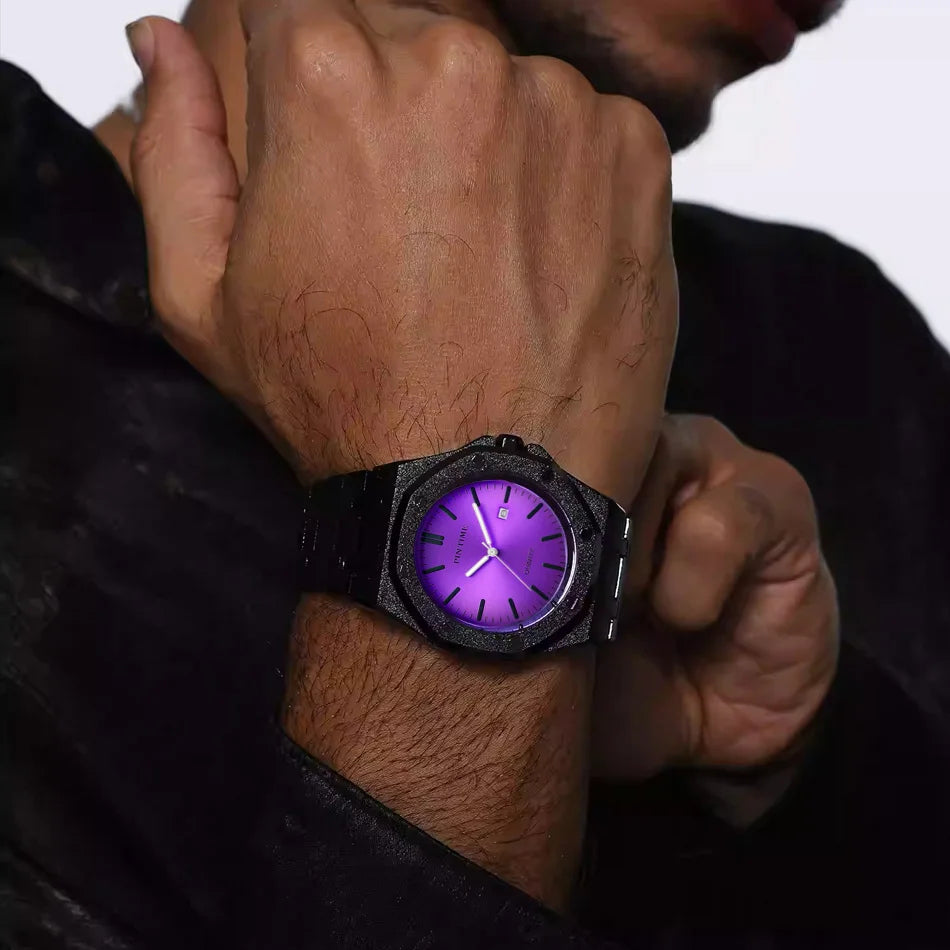 PINTIME 3185 Unisex Quartz Watch  Purple Dial, Glitter Textured Case, Date Display & 3 Bar Water Resistant