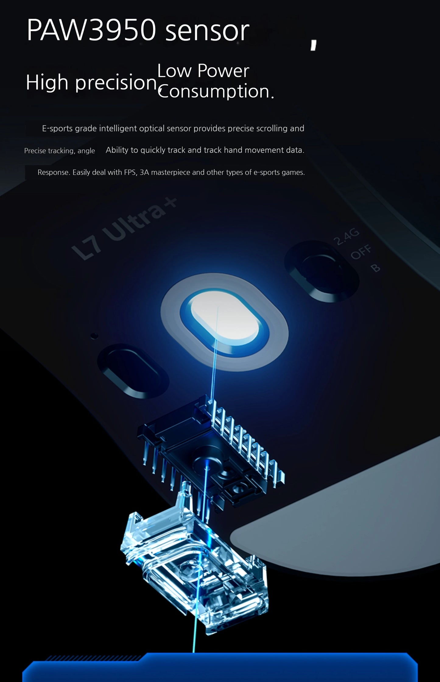 MCHOSE L7 Ultra+ közepes-nagy méretű kézre tervezett gamer e-sport egér, PAW3950, vezeték nélküli, három üzemmódú, könnyű irodai kétmeghajtós számítógépes egér