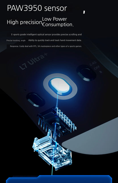 MCHOSE L7 Ultra+ közepes-nagy méretű kézre tervezett gamer e-sport egér, PAW3950, vezeték nélküli, három üzemmódú, könnyű irodai kétmeghajtós számítógépes egér