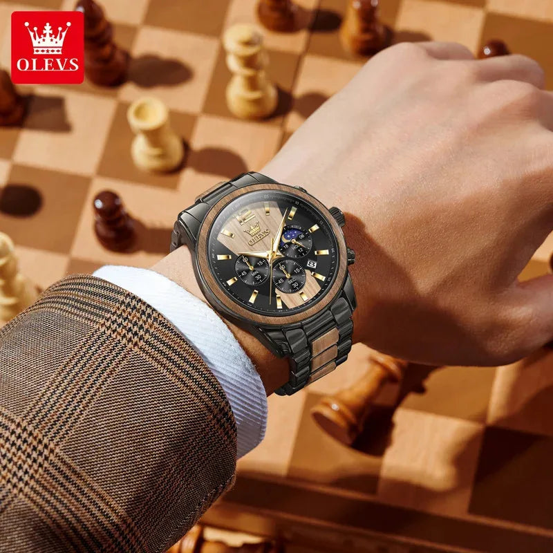 OLEVS 3645 Herrenuhr aus Holz, luxuriös, mit Nachtbeleuchtung, multifunktionalem Chronographen, Quarzwerk, Retro-Stil, trendige Sportuhr.