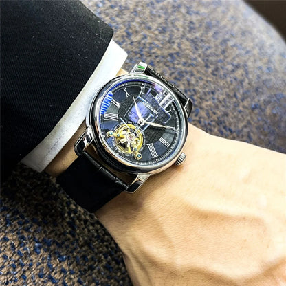 Automatinis mechaninis vyriškas laikrodis – elegantiškas skeleto dizainas, madingas „business casual“ stilius, korpusas iš lydinio ir odinis dirželis, be baterijos