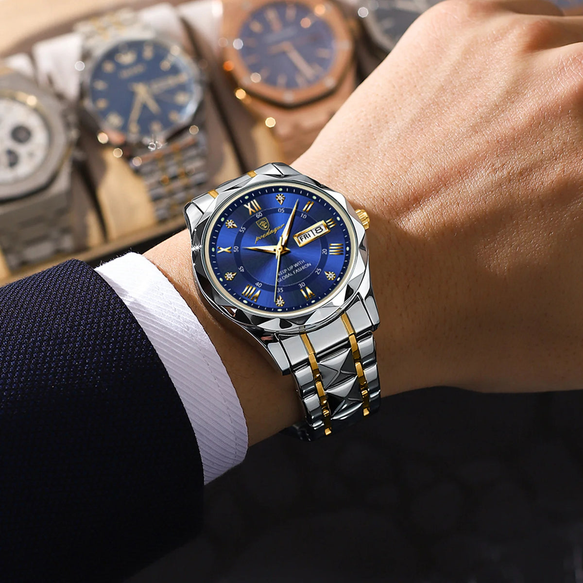 POEDAGAR Business Luxury Herrenuhr, wasserdicht, aus Edelstahl, beleuchtet, mit Datum und Wochentag, im Sport-Stil, mit Quarzwerk.