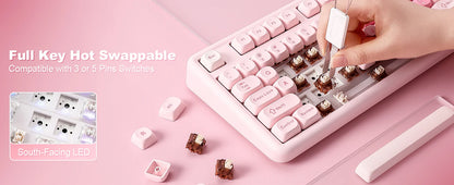YUNZII B87 Pink Mechanical Gaming Keyboard, QMK/VIA Custom Gasket RGB Keyboard, Wireless Aesthetic Keeb, Wrist Rest for Win/Mac