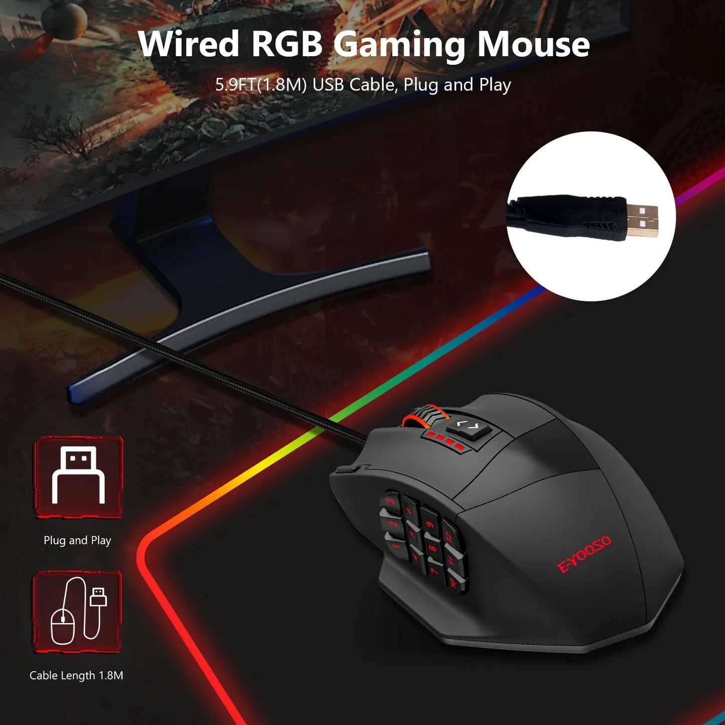 E-YOOSO X-39 програмируема геймърска мишка, кабелна RGB мишка с 18 бутона, 8 сменяеми тежести, 5 DPI нива, ергономичен захват за компютър