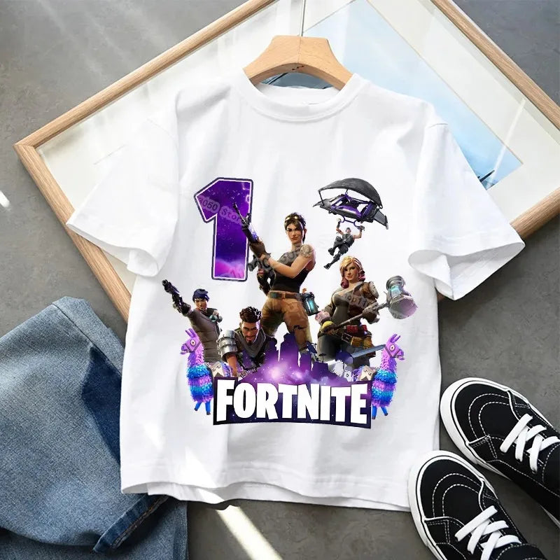 Dziecięca koszulka urodzinowa Fortnites z numerem dla dziewczynek i chłopców, letnia bawełniana koszulka dla niemowląt, imprezowy top z krótkim rękawem, prezent dla malucha