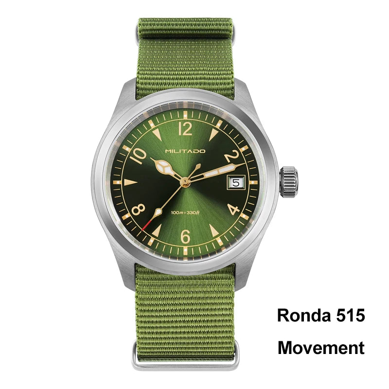 Militado ML08 Men’s Military Field Watch Ronda 515 Quartz, Sapphire Crystal, 10Bar Waterproof & Luminous