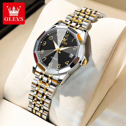 OLEVS 9970 Men Watch Original Brand Waterproof Luminous Quartz Watch Rhombus Mirror Stainless Steel Date-Day-Date Watch With Box