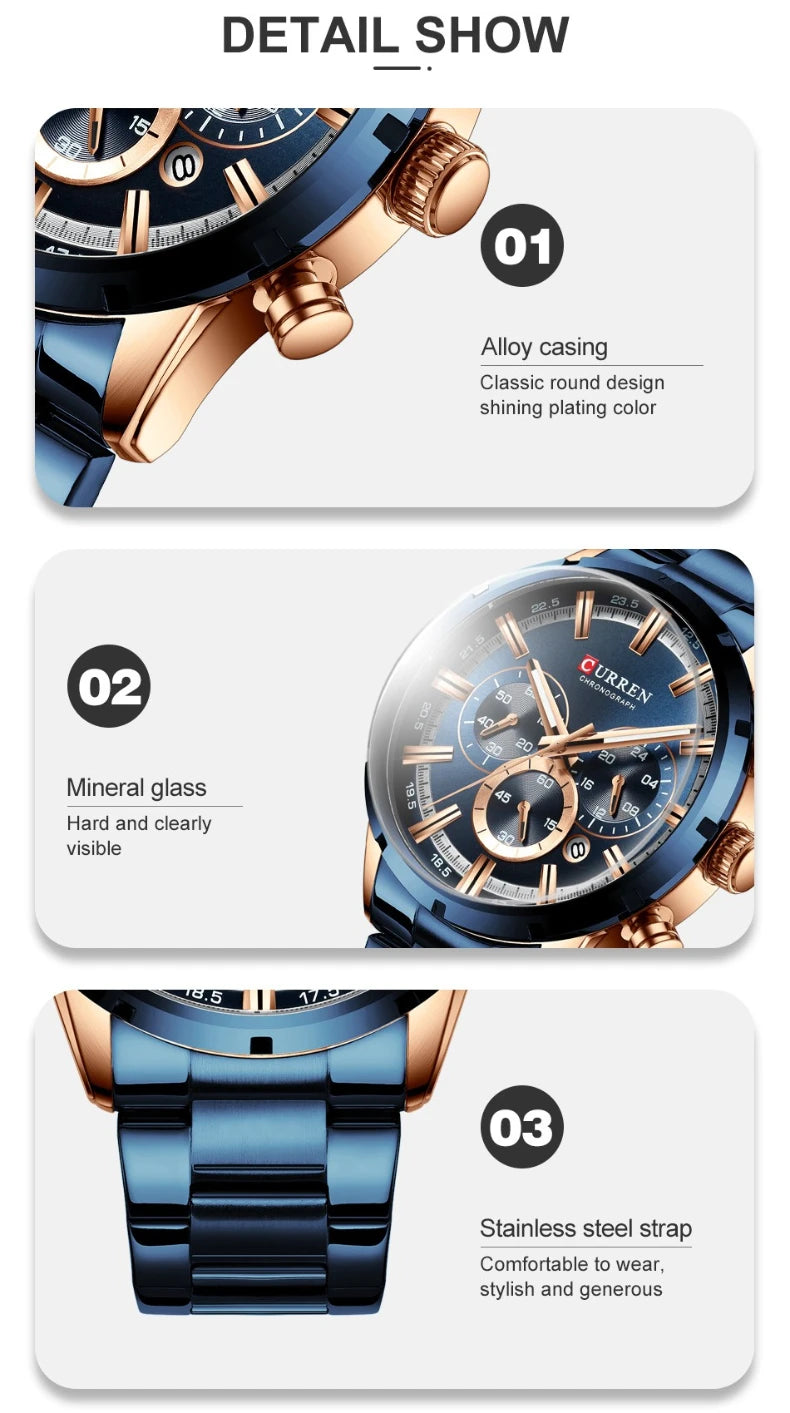 CURREN Top Brand Luxury Military Leather Wrist Watch Casual Sport Watches for Men Blue Man Clock Fashion Chronograph Wristwatch