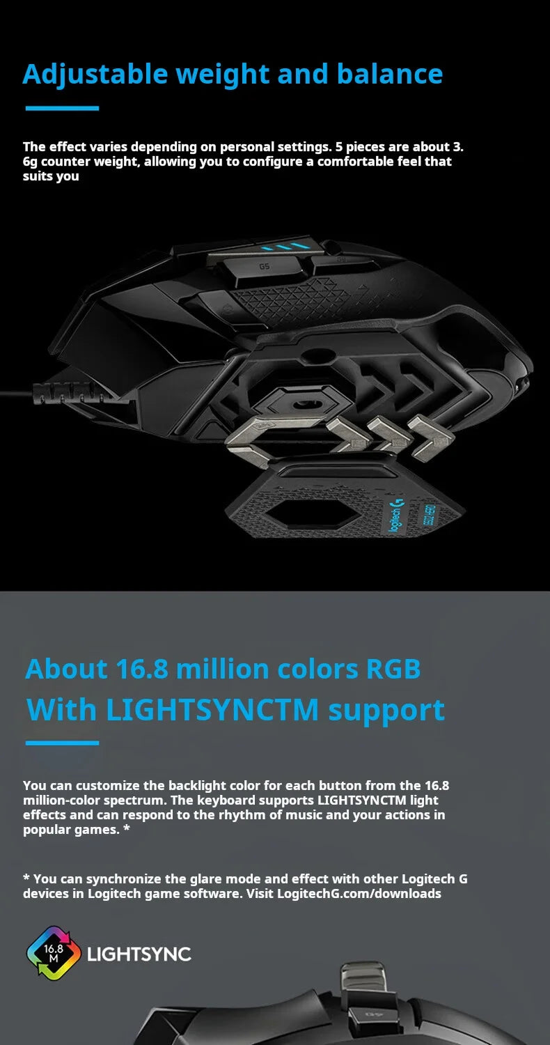 Logitech G502 HERO nagy teljesítményű vezetékes gamer egér HERO 25K érzékelővel, 25,600 DPI, RGB, állítható súlyok, 11 gomb, PC/Mac egér