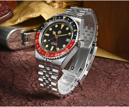 San Martin 40mm SN0005 Retro GMT NH34 Automatic Distressed Patina Dial Bi-color Sapphire Bezel Jubilee Mens Watches 20Bar Lume