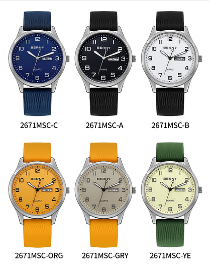 BERNY Men's Watches Luminous Calendar Week Quartz Men Watch Casual Soft Silicone Strap Easy Read Big Dial Sports Wristwatch