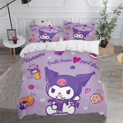 Conjunto de Capa de Edredão e Fronha Kuromi Fofo para Cama, Decoração de Quarto para Adulto, Rapaz e Rapariga, Presente para Crianças, Tamanho Individual, Duplo e Grande