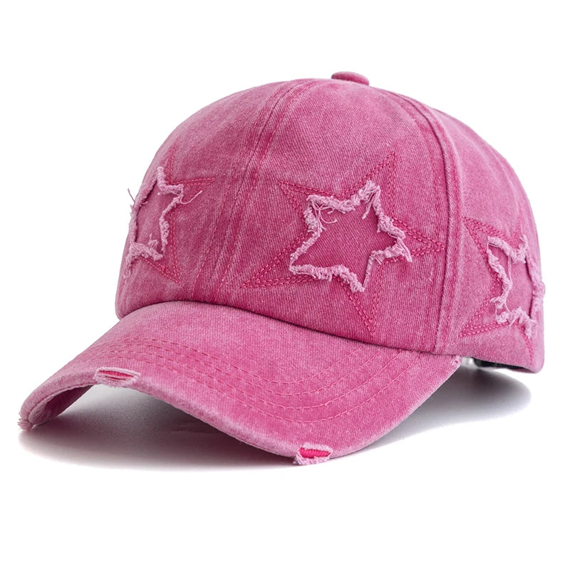 Damska czapka baseballowa z wyblakłą bawełną i motywem pięcioramiennej gwiazdy – modna czapka typu „dad hat” w stylu ulicznym