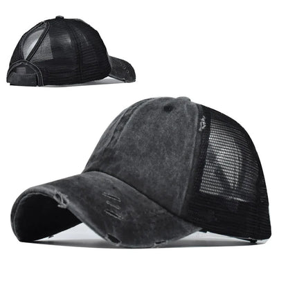 1pc Vintage Ponytail Mesh Baseball Cap,Adjustable Outdoor Sun Protection Washed Distress Trucker Hat,Suitable for Spring/Autumn