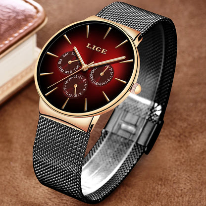 Relógio feminino LIGE, elegante e moderno – Estilo desportivo e descontraído, bracelete em malha, movimento de quartzo, indicação da data e do dia, resistente à água.