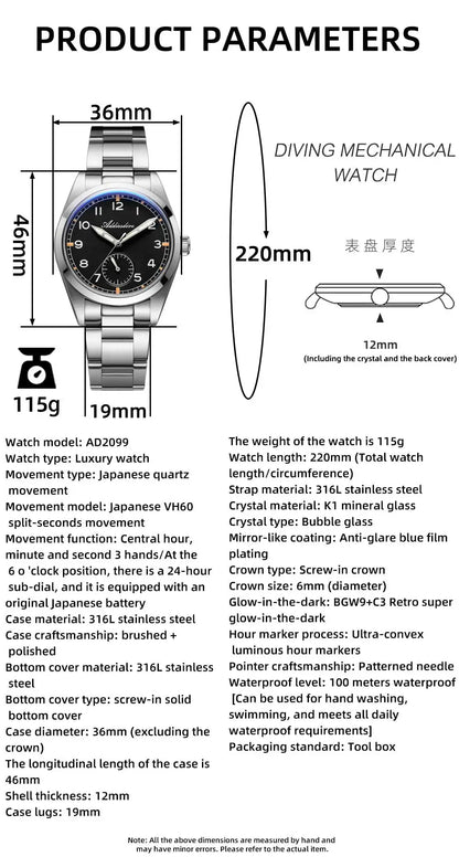 Relógio de quartzo ADDIESDIVE 36mm para homem VH60, luminoso BGW9, vidro em cúpula tipo bolha, resistente à água 10Bar, em aço inoxidável