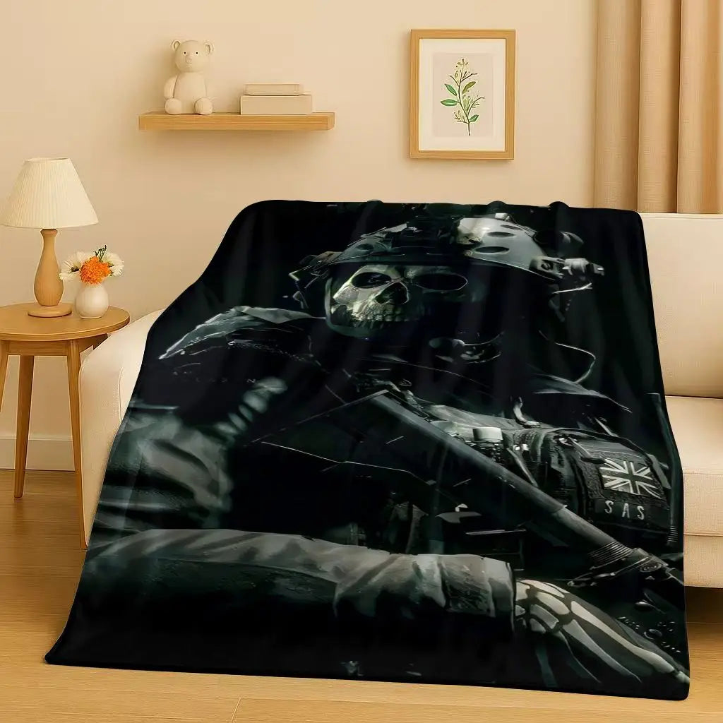 HD Classic Gun Game Call of Duty COD Ghost Simon Flannel Blanket,Ultra Soft Warm Plush Throw for Home Bedroom Bed Sofa Cover Kid