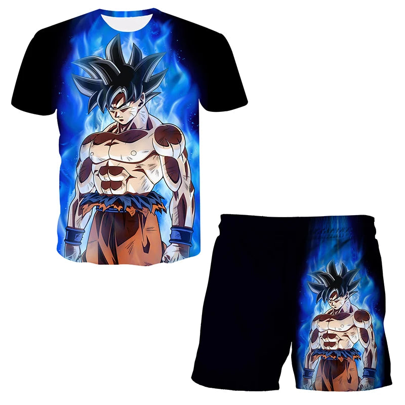 Japanisches Cartoon-Dragon-Ball-Z-T-Shirt, Kinder-Oberteil, T-Shirt- und Shorts-Zweiteiler für den Sommer, Jungen-T-Shirt + Shorts, Strandshorts