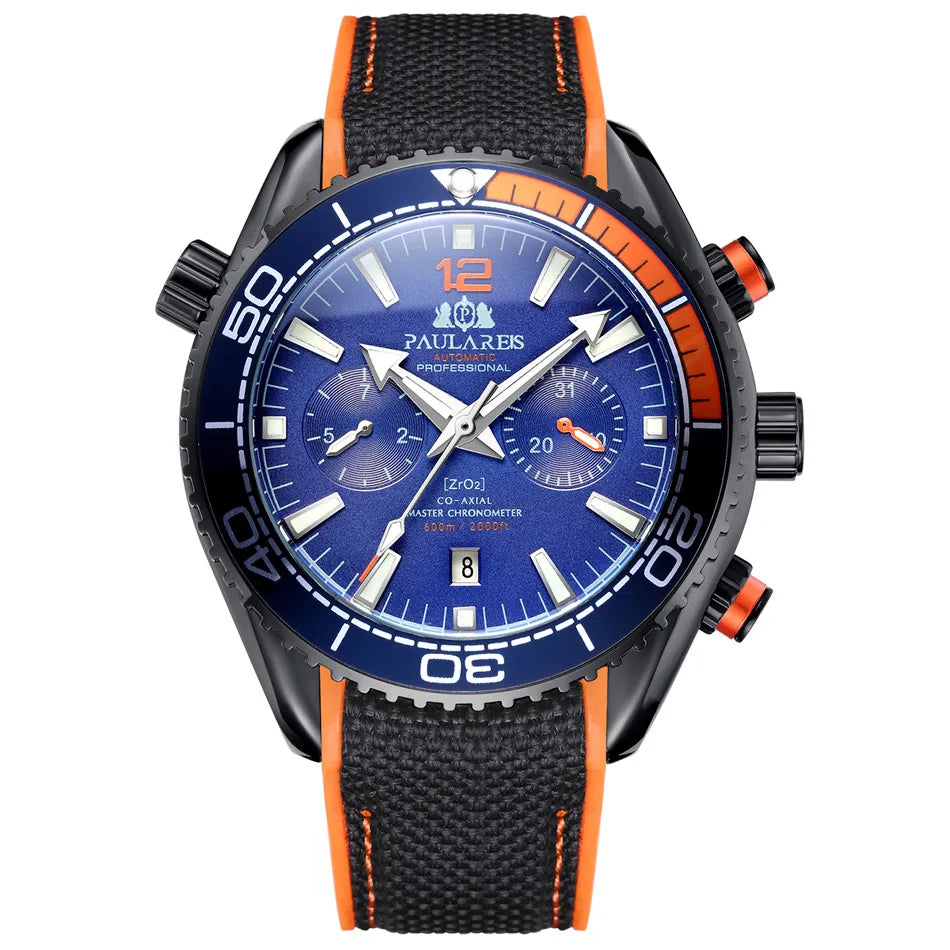 PAULAREIS P Relógio mecânico automático de luxo para homem com corda automática, bracelete em borracha, impermeável, luminoso, com data, relógio de moda masculino