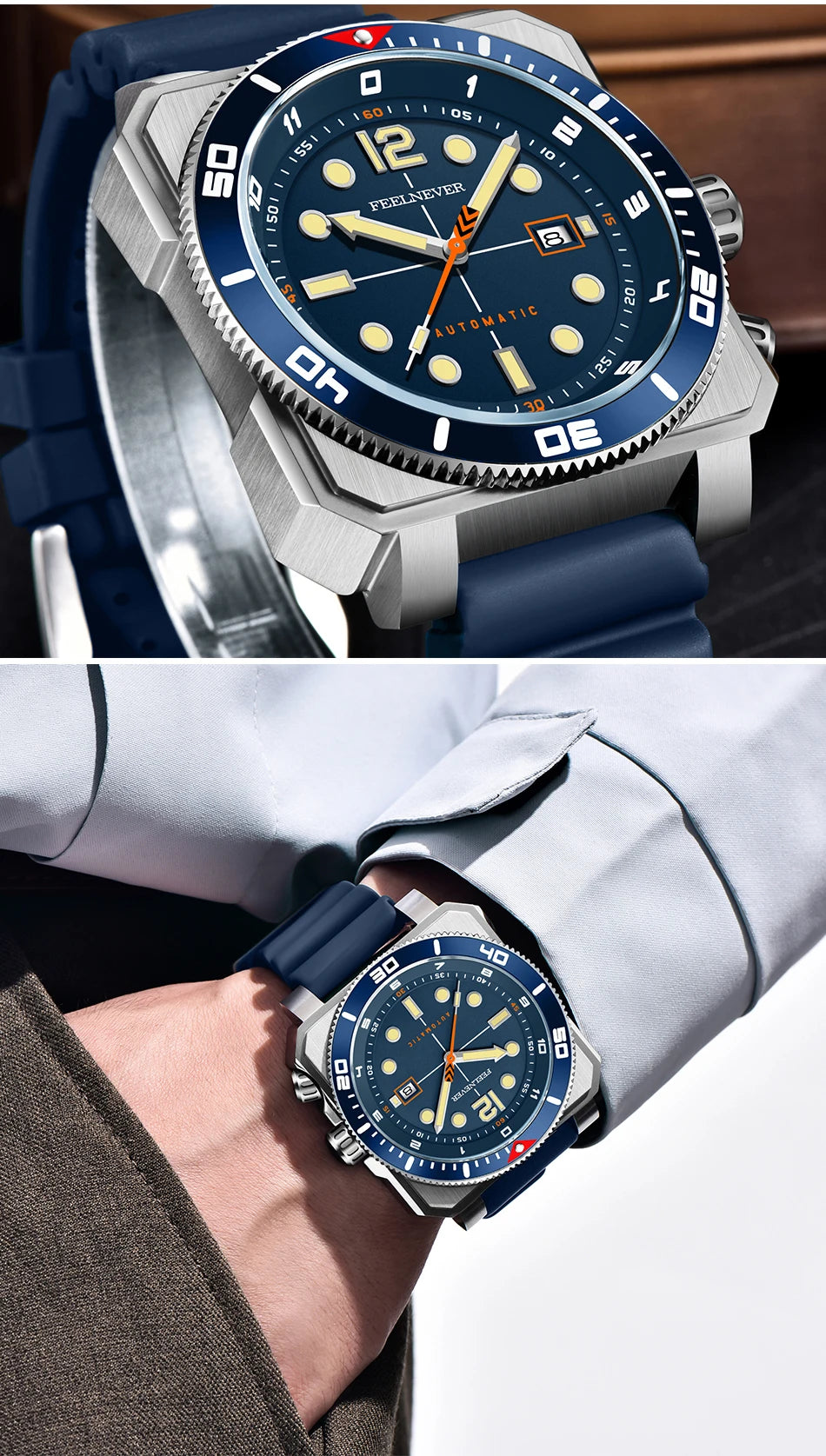 Reloj de buceo automático para hombre FeelNever 8215 con movimiento automático, superluminoso, acero 316, cristal de zafiro, reloj mecánico deportivo masculino