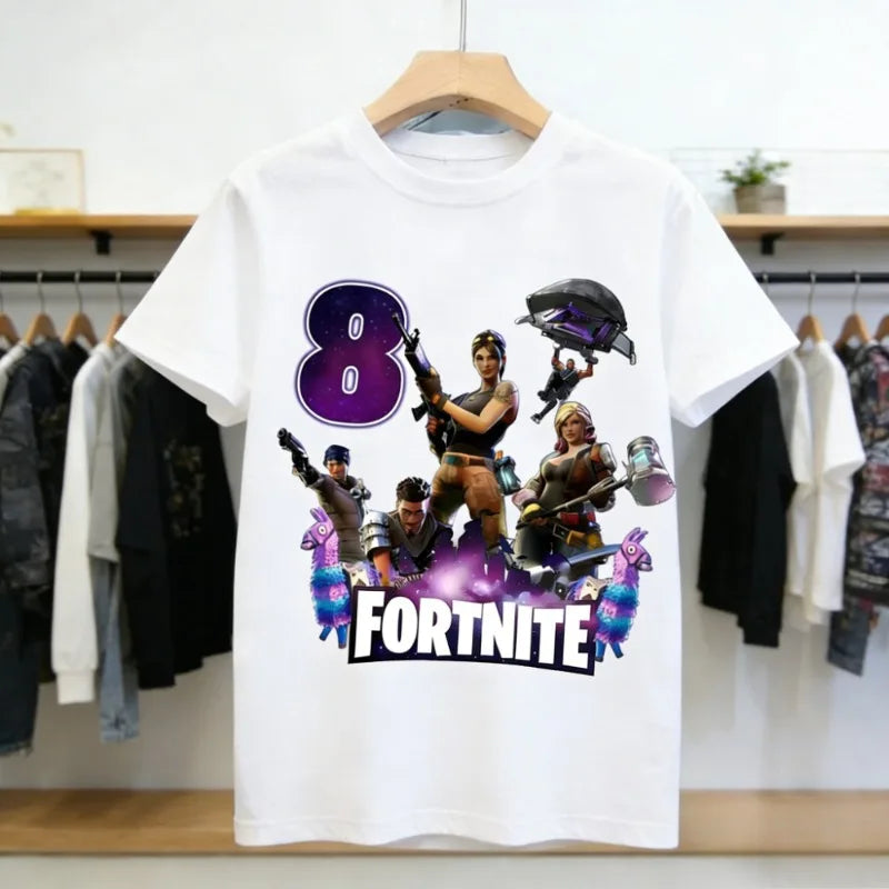 Dziecięca koszulka urodzinowa Fortnites z numerem dla dziewczynek i chłopców, letnia bawełniana koszulka dla niemowląt, imprezowy top z krótkim rękawem, prezent dla malucha