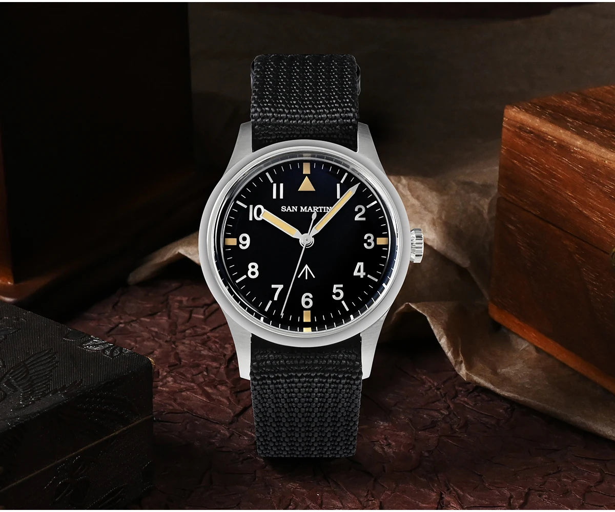 San Martin 36mm Men Pilot Watch VH31 Mechaquartz Movement Sweep Second Quartz Series Simple Style Nylon Strap 10 Bar Luminous