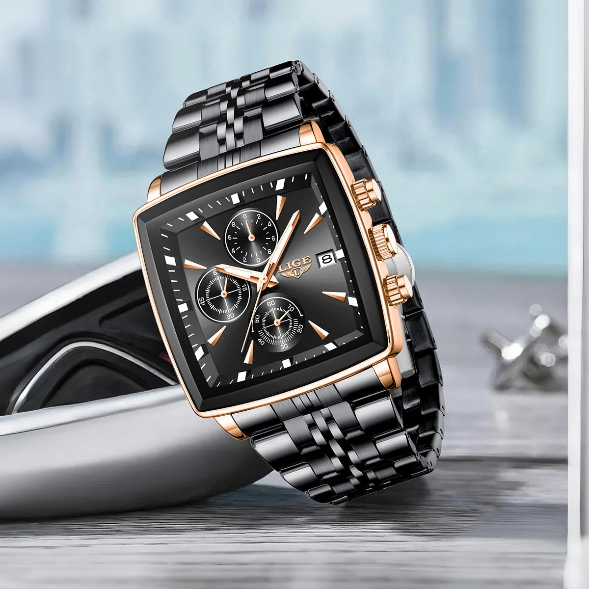 LIGE luxe herenhorloges, vierkant model, klassieke en trendy stijl, van roestvrij staal, waterdicht, sportief en casual, met quartz uurwerk.
