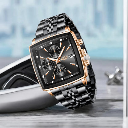 LIGE luxe herenhorloges, vierkant model, klassieke en trendy stijl, van roestvrij staal, waterdicht, sportief en casual, met quartz uurwerk.