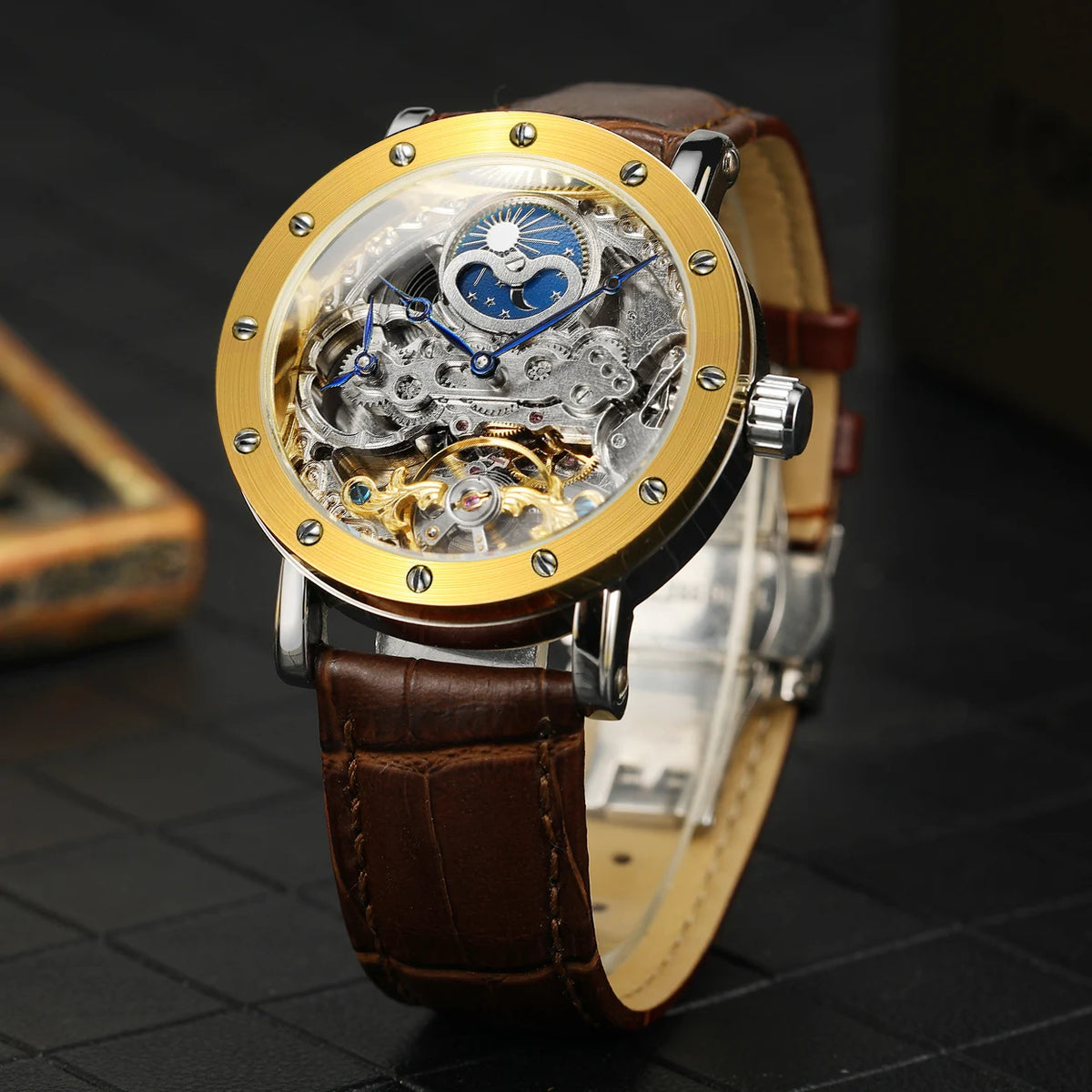 SKROX automata mechanikus férfi karóra, szkeleton modell GMT funkcióval, holdfázis-kijelzővel és tourbillon-nal – Elegáns és eredeti, csúcsminőségű luxusóra.