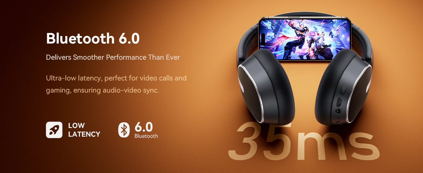 Active Noise Cancelling Headphones Bluetooth 6.0 Wireless Over-Ear Headphones Foldable with LED Power Display & 6-Mic ENC Calls