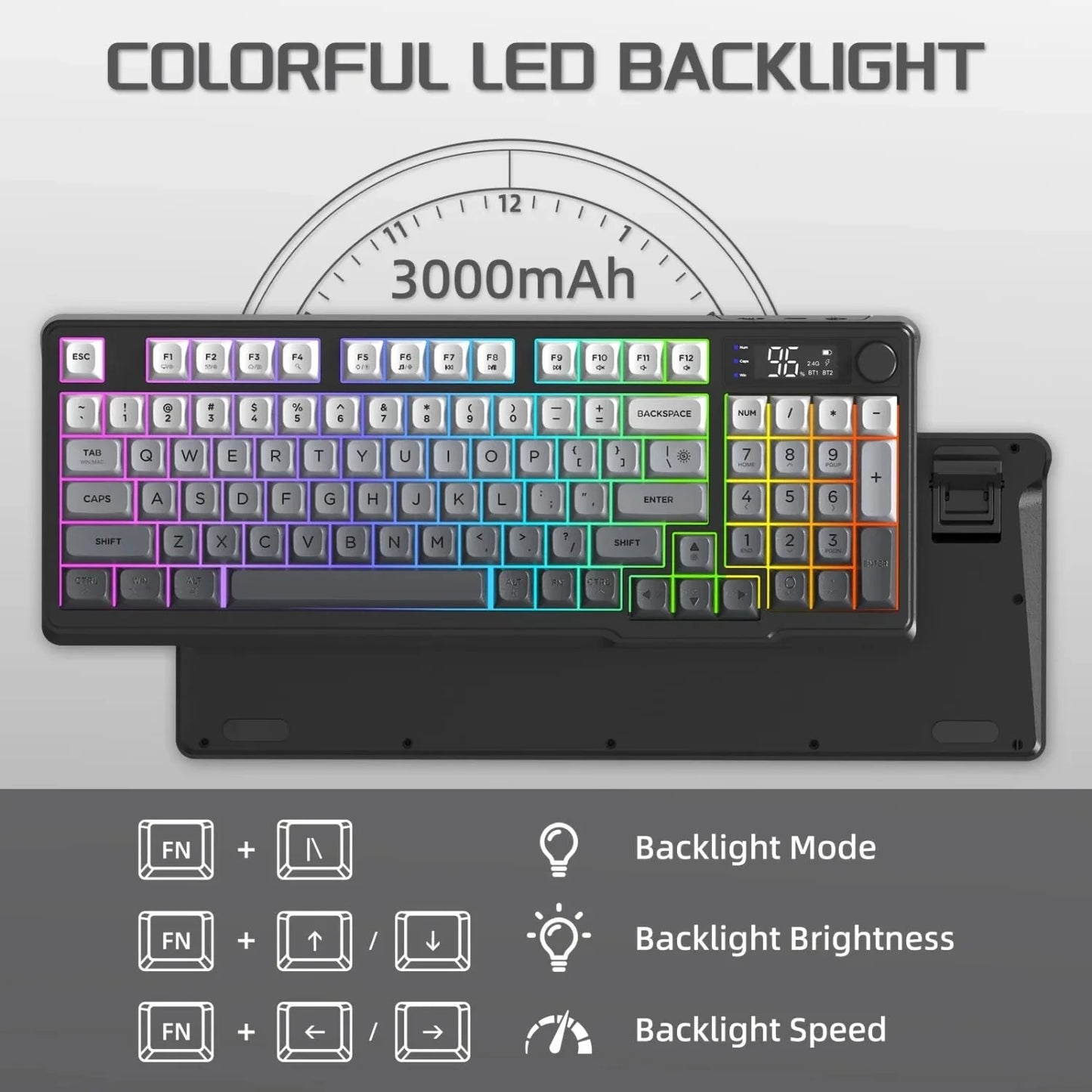 FREEWOLF M96 Wireless Keyboard Knob Control BT/2.4g/Wired, RGB LED Backlight Display, PBT Keycap, 3000mA Battery for PC/Laptop