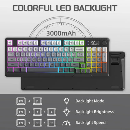 FREEWOLF M96 Wireless Keyboard Knob Control BT/2.4g/Wired, RGB LED Backlight Display, PBT Keycap, 3000mA Battery for PC/Laptop