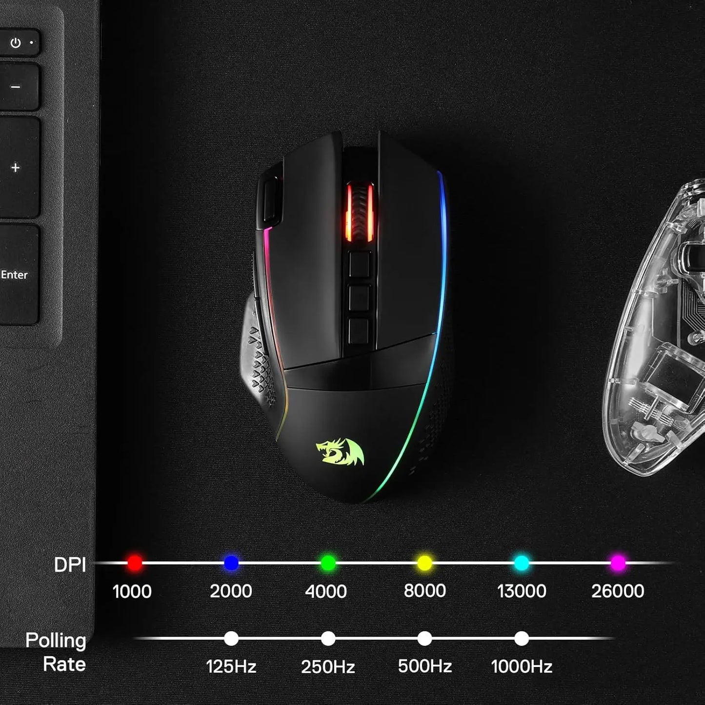 Mouse da gaming wireless Redragon M991 26000 DPI, 3 modalità, 9 pulsanti macro, retroilluminazione RGB, nero