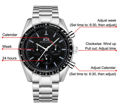 PAULAREIS P Brand Luxury Men Mechanical Watches Calendar Business Watch Men's Sports Waterproof Stainless Steel Automatic Watches