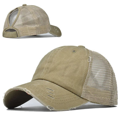 1pc Vintage Ponytail Mesh Baseball Cap,Adjustable Outdoor Sun Protection Washed Distress Trucker Hat,Suitable for Spring/Autumn