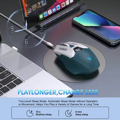 Rato Bluetooth Sem Fios de Modo Duplo com Ecrã Inteligente, Carregamento Silencioso, para Escritório, Gaming e Tablet, Portátil e Universal